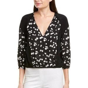 Jason Wu Black White Spring Daisy Print V neck Blouse Top Lace Trim 3/4 …